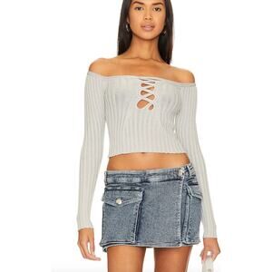 NBD Gray Off Shoulder Cropped Sweater MEDIUM Boho Pirate Designer Revolve $188